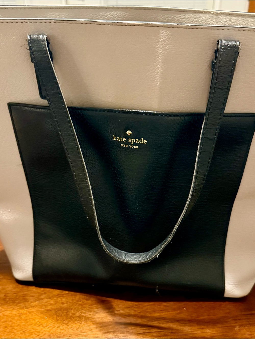 kate spade Two-Tone Black and Cream Leather Tote with Front Pocket